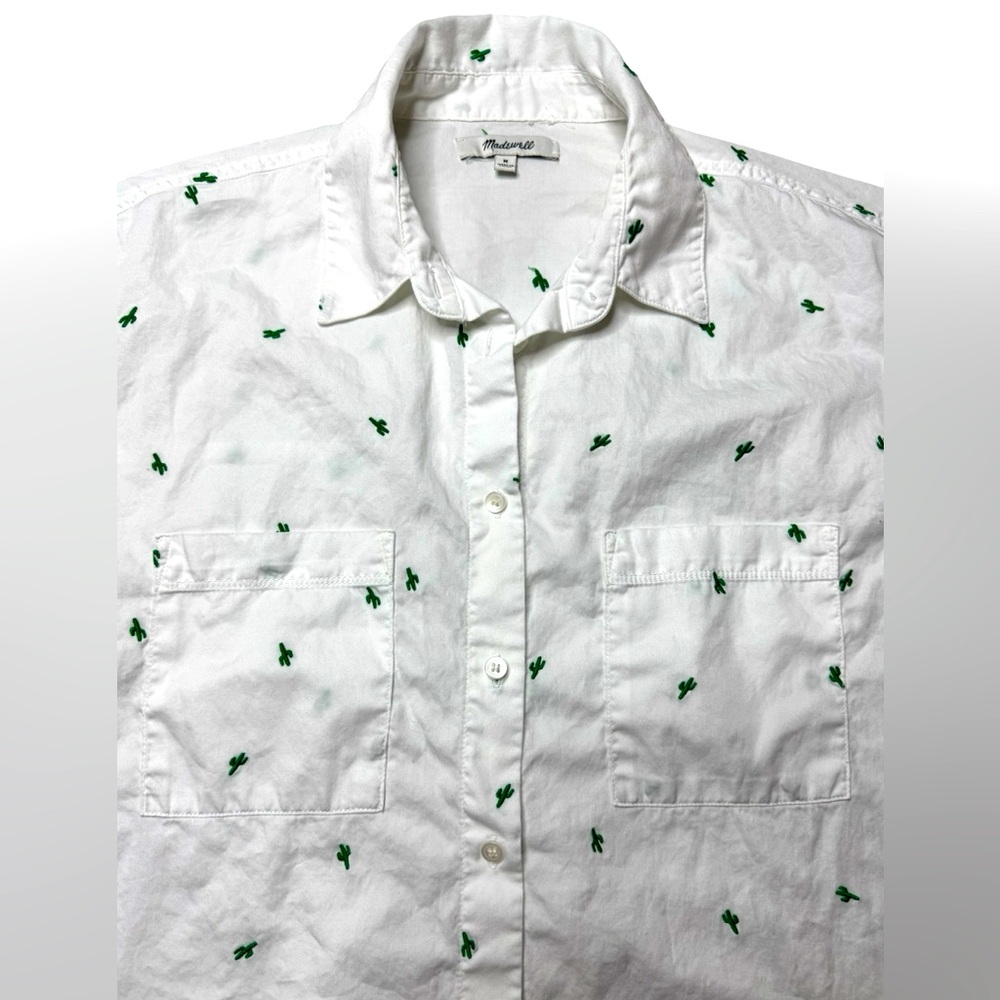 Madewell White Blouse with Green Cactus Embroidery